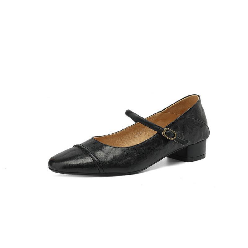 New Medium-heeled Sheepskin Women's Shoes Low-top Soft Leather Round-head Single Shoes Women's Shallow Mouth Non-slip Beef Tendon Soft-soled S