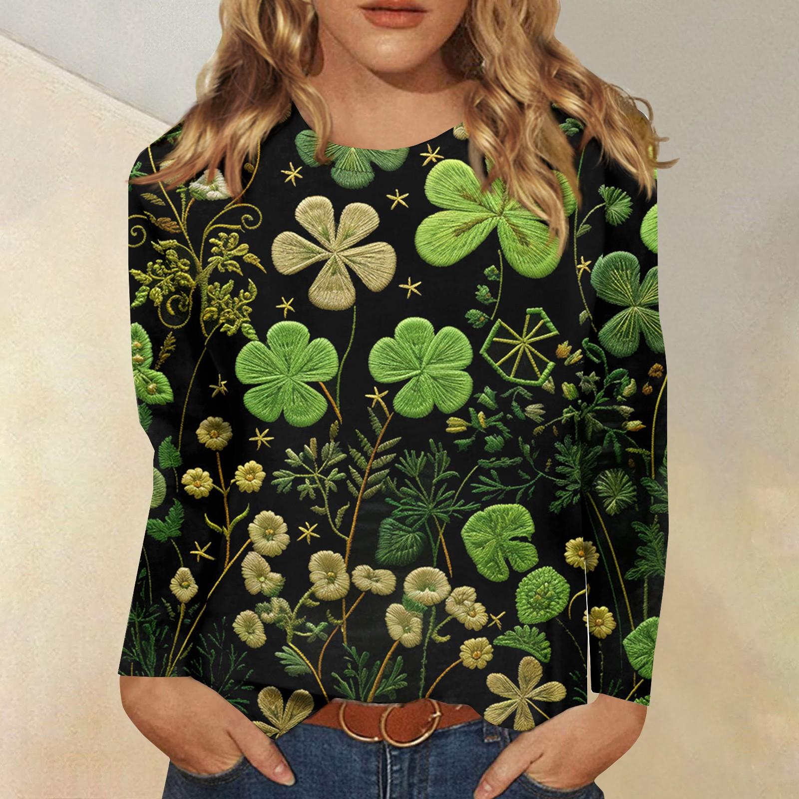 

Рубашки с длинным рукавом для женщин Милые принты Футболки Блузки Повседневные Большие размеры Базовые топы Пуловеры Рождественские M зелёный