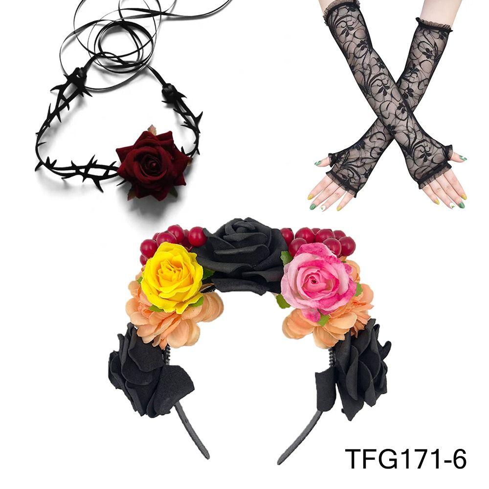 Day of The Dead Headpiece Halloween Costume Accessories Novelty Horror Gloves Set for Women