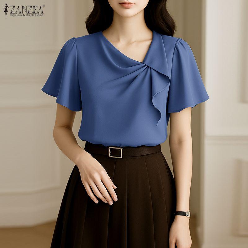 ZANZEA Women Casual Irregular Collar Solid Color Loose Short Sleeve Blouse