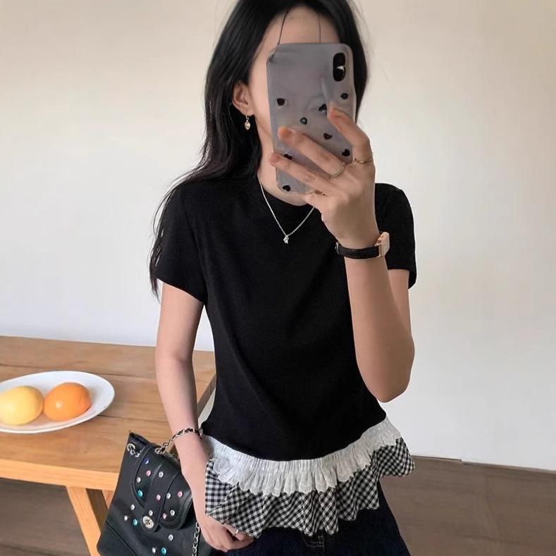 

Women s Summer Crew Neck Ruffle Patchwork Layering T-Shirt XL чёрный