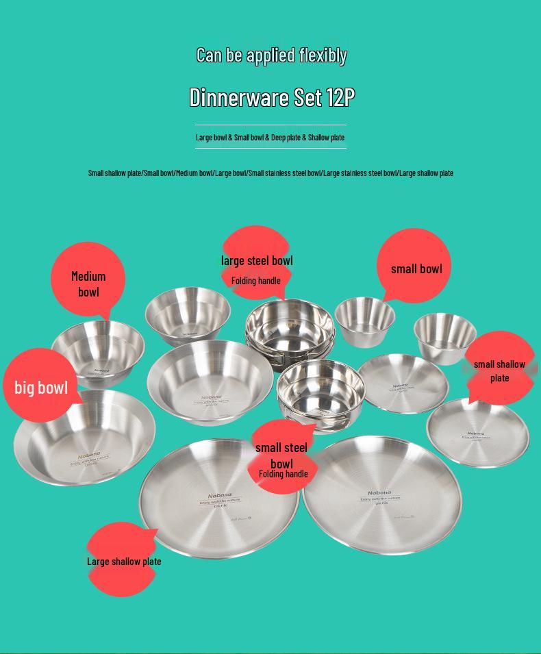 12-Piece Outdoor Tableware Set: Portable Camping Dinner Plates and Small Bowls for BBQ, Self-Driving Tours, and Home Use.