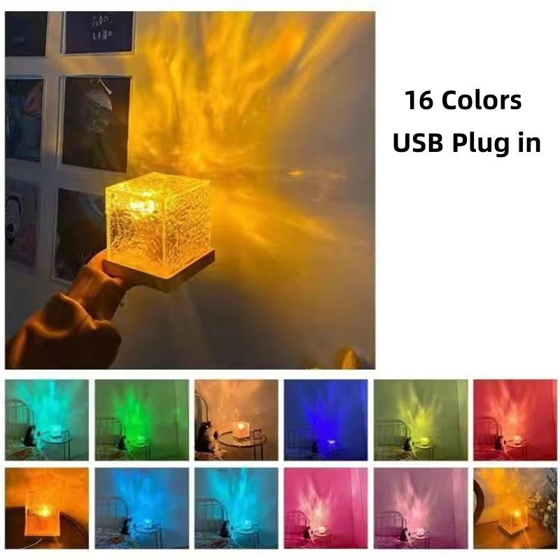 3/16 Colors Dynamic Rotating Water Ripple Projector Night Light Flame Crystal Lamp for Living Room Study Bedroom Bedside Decor