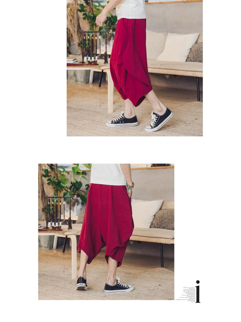 2018 Summer Men's Cotton Linen Casual Pants, Nine-Point Style, Plus Size, Low Drop Crotch