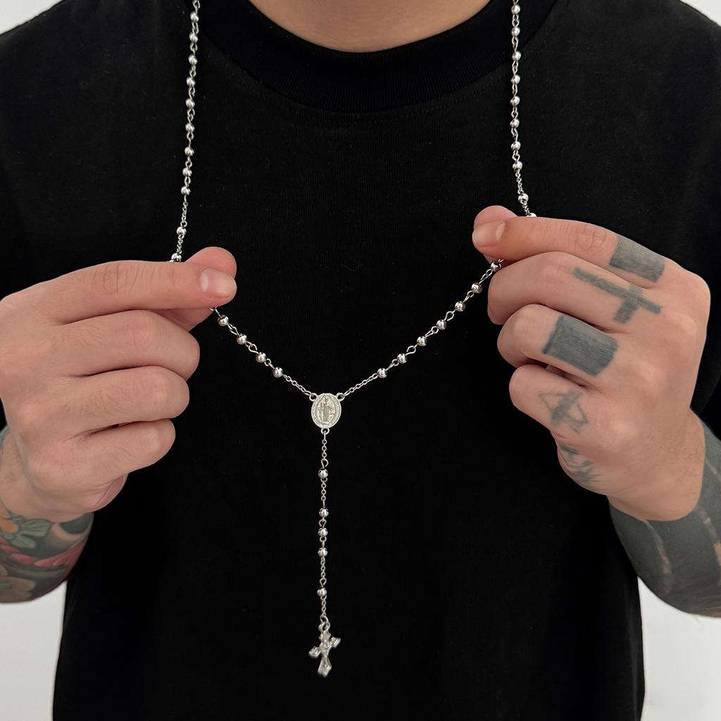Salircon Hip Hop Punk 3 Styles Stainless Steel Beaded Chain Jesus Cross Pendant Necklace Men Christian Christ Long Chain Jewelry