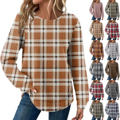 Women's Plaid Print Round Neck Long Sleeve Casual Loose Top