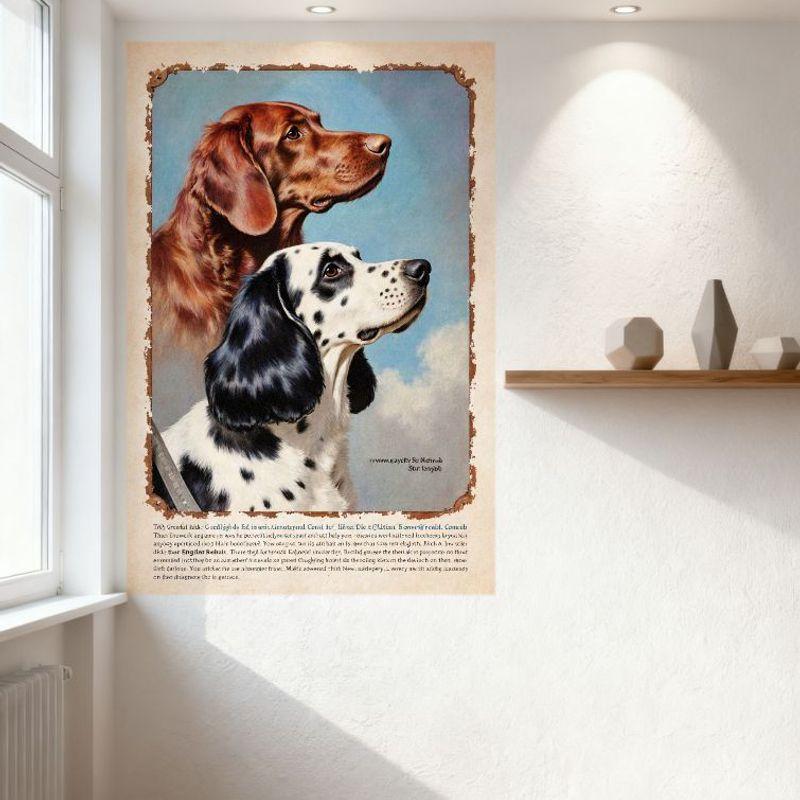 Vintage Two Dogs Illustration Tin Sign Metal Poster for Bar Pub Home Wall Decor - Light Blue Sky Spotted Dog Hound Retro Art Sig
