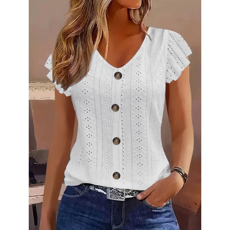 Women V Neck Short Sleeve Blouse With Button Front And Eyelet Embroidery Casual Summer Top S белый