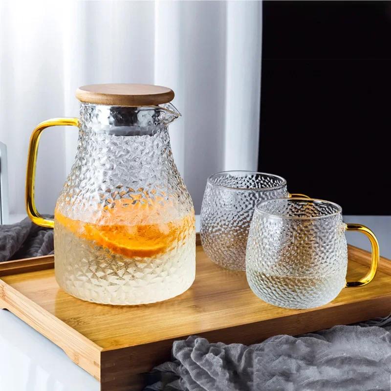 Transparent Glass Water Jug Hot/Cold Tea Pot Stainless Steel Flow Lid Carafe with Handle Heatproof Teapot Set