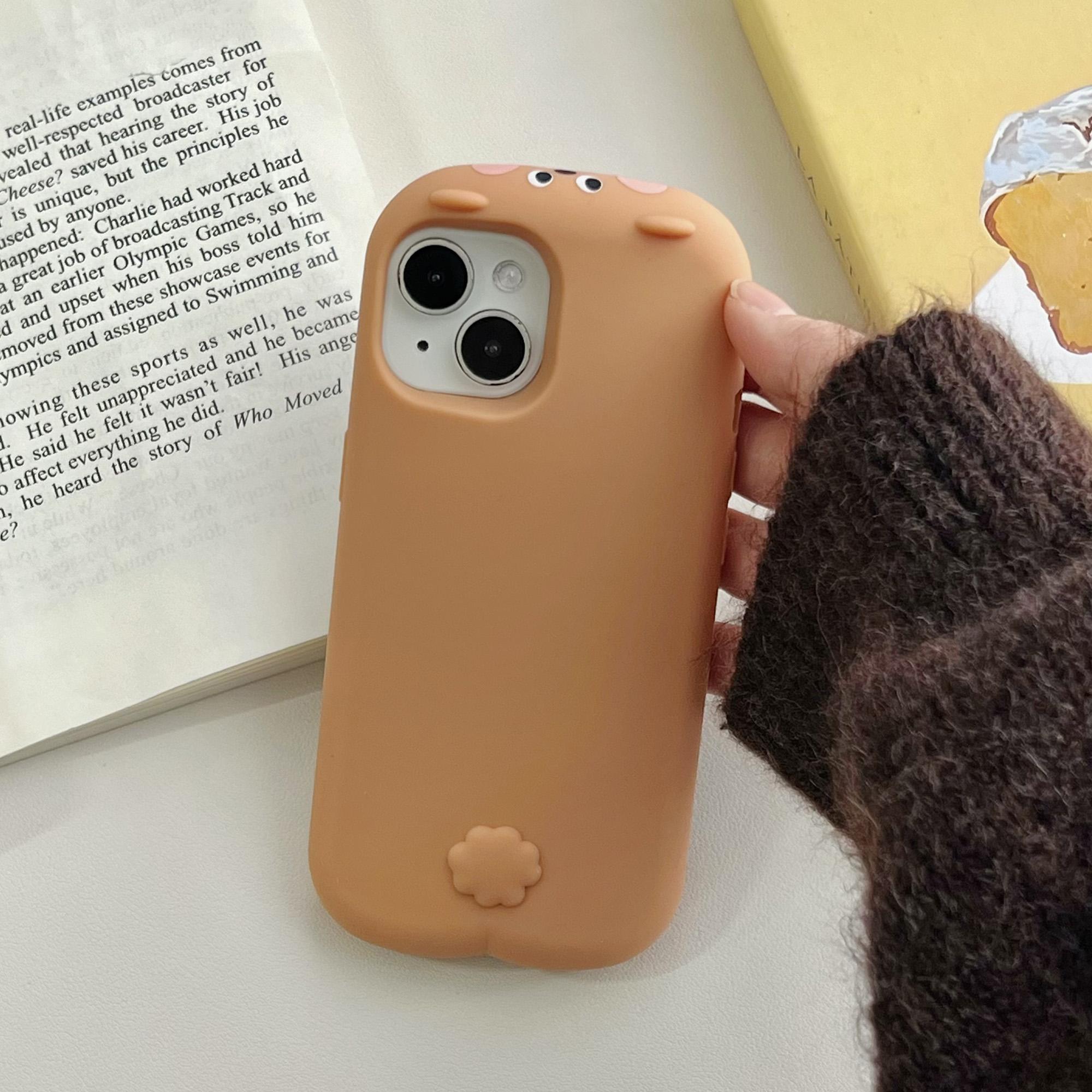 

For iPhone 15 Silicone Case Cute Sleeping Milk Tea Bear Design Shockproof Phone Back Cover A