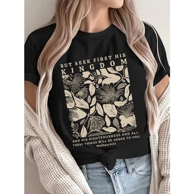 Women's Plus Size Round Neck Short Sleeve T-Shirt Floral Print Inspirational Quote Black White Golden Design Casual Top