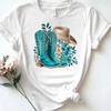 European Size Women's Pure -  White T - Shirt: Western Boots and Hat with Florals Theme