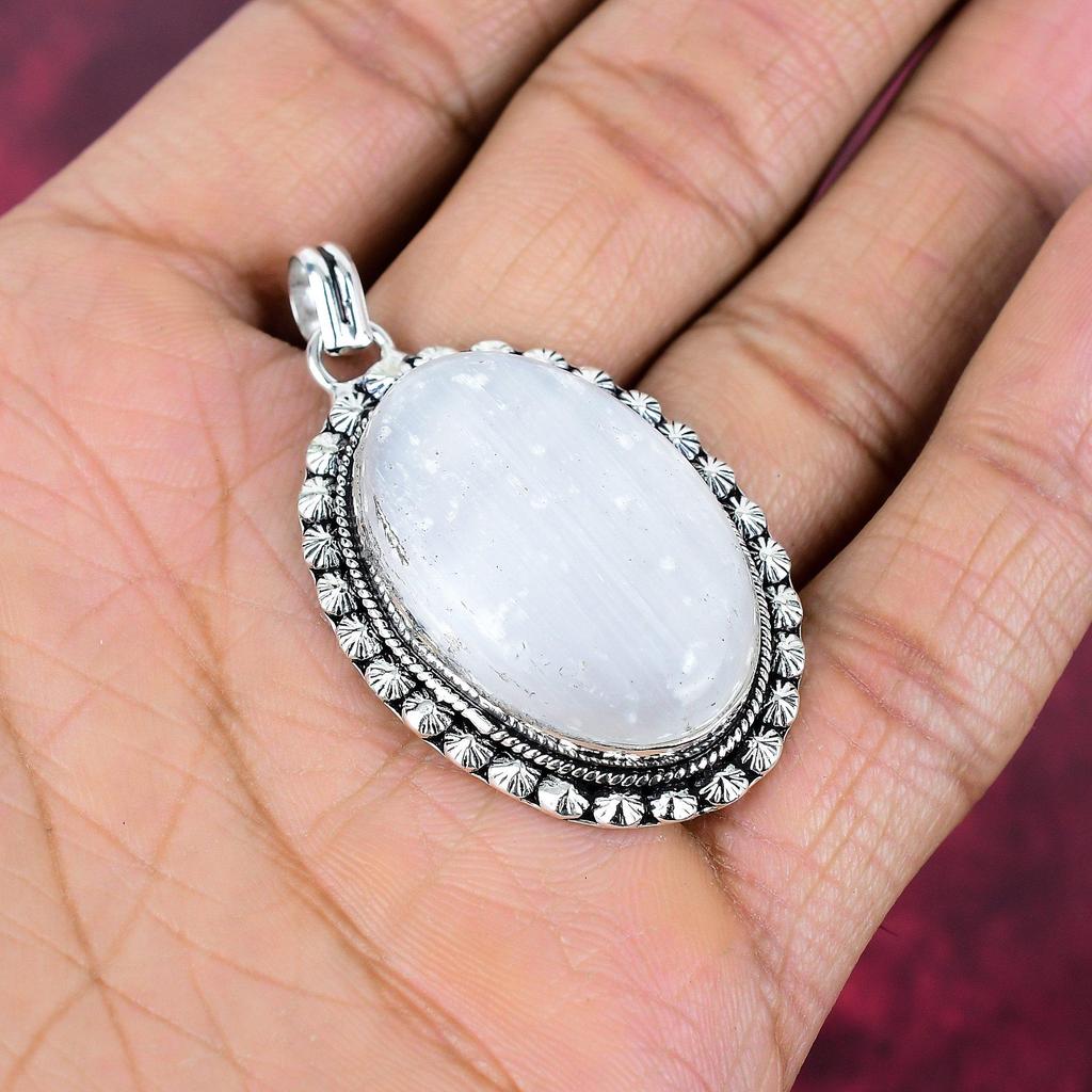 Rough Salenite Gemstone Handmade Silver Jewelry, 925 Solid Sterling Silver Pendant For Anniversary Gift