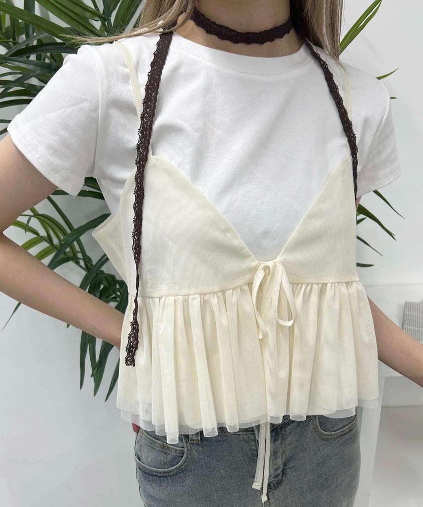 WEGO PHILLY Front Size White Ivory Camisole, Ribbon, Tulle, Cute, Women's, F,