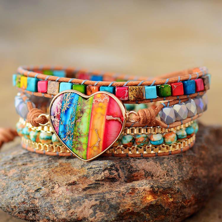 Heart-shaped Five-color Natural Imperial Stone Leather-wrapped Bracelet with Multiple Layers
