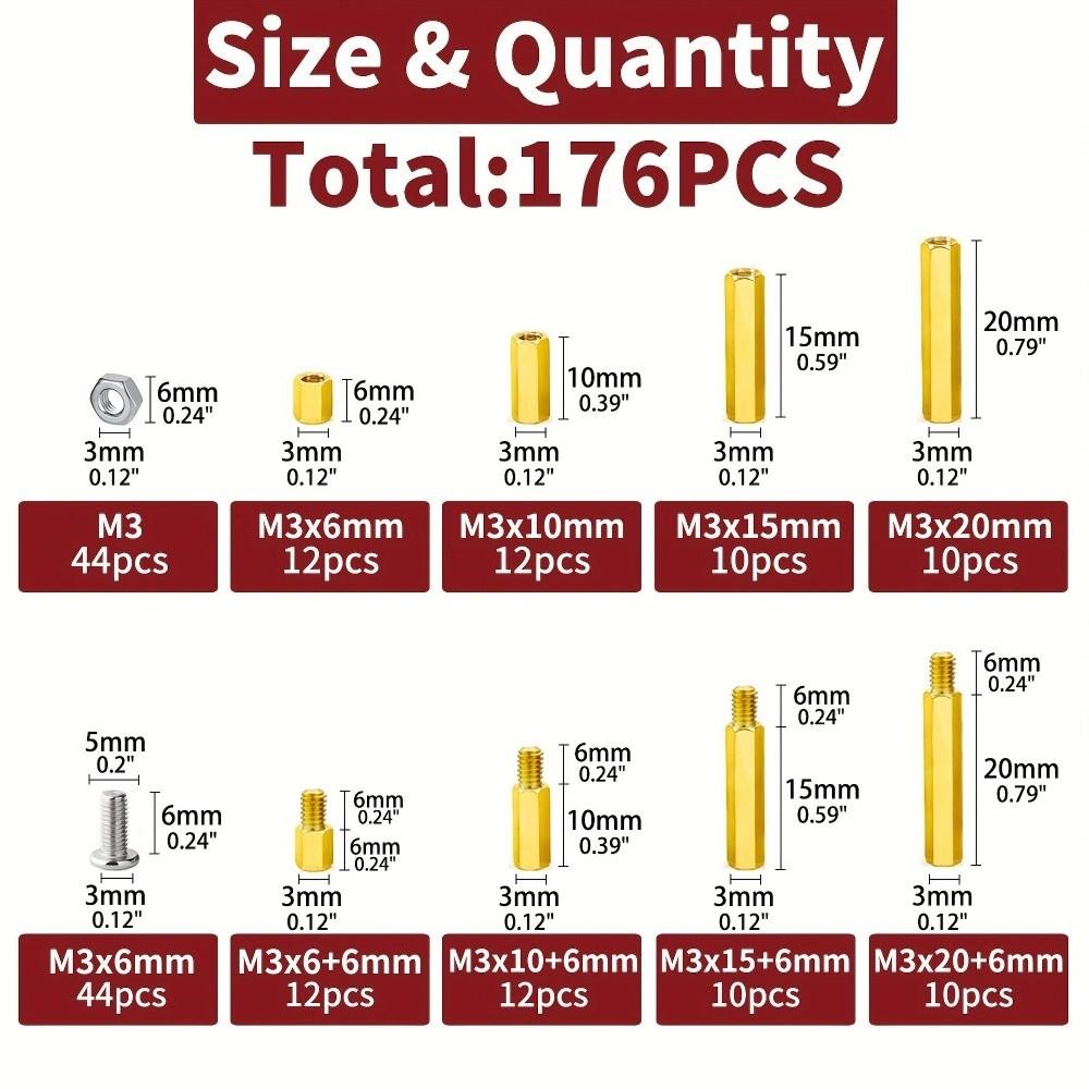 176pcs Hex Male-Female Motherboard Standoffs Brass Brass Standoff Spacer  PCB Circuit Board