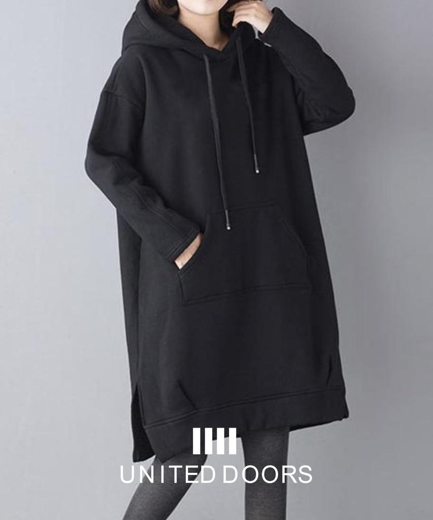 Doors Long Pullover Loose with Hoodie, Sleeve, Fleece-Lined, Figure-Flattering, Dress, Fit, Pockets, Black, 4A-B03-BKL