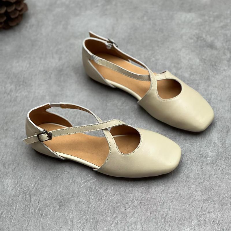 Johnature Handmade Genuine Leather Shallow Buckle Strap Sandals Versatile Soft Cowhide Women's Flat Shoes
