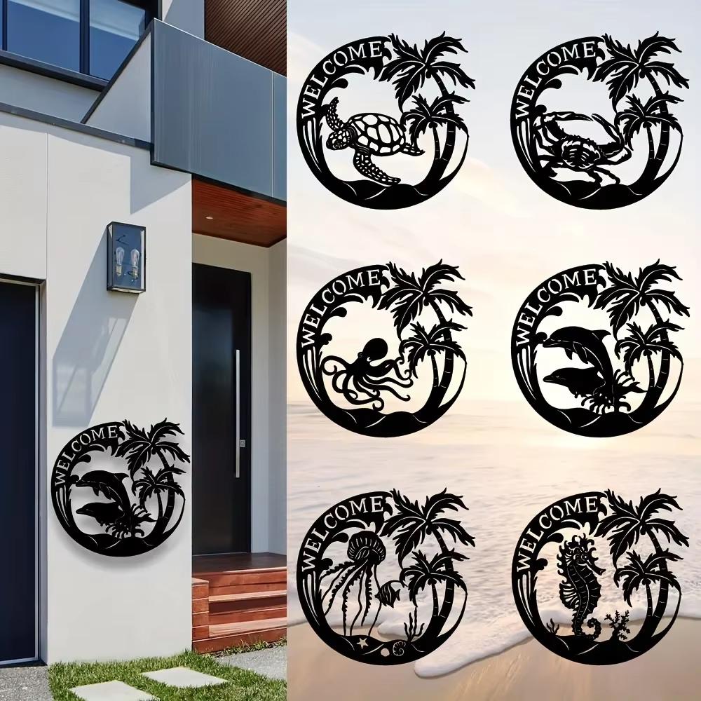 Coastal Welcome Sign Sea Life Pattern Beach Theme Indoor Decoration Living Room Mural Sea Turtle Accent