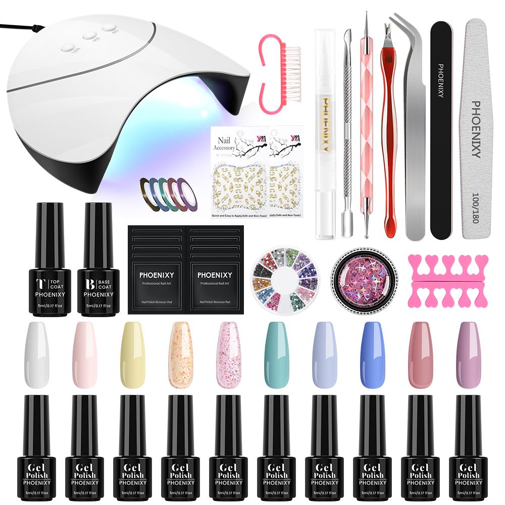 

Полный набор гель-лаков PHOENIXY, 5 мл гель-лака, 36 Вт, УФ-светодиодные лампы для гелевых ногтей, верхнее базовое покрытие, наборы инструментов для дизайна ногтей, набор инструментов для замачивания, стартовый набор Set 01