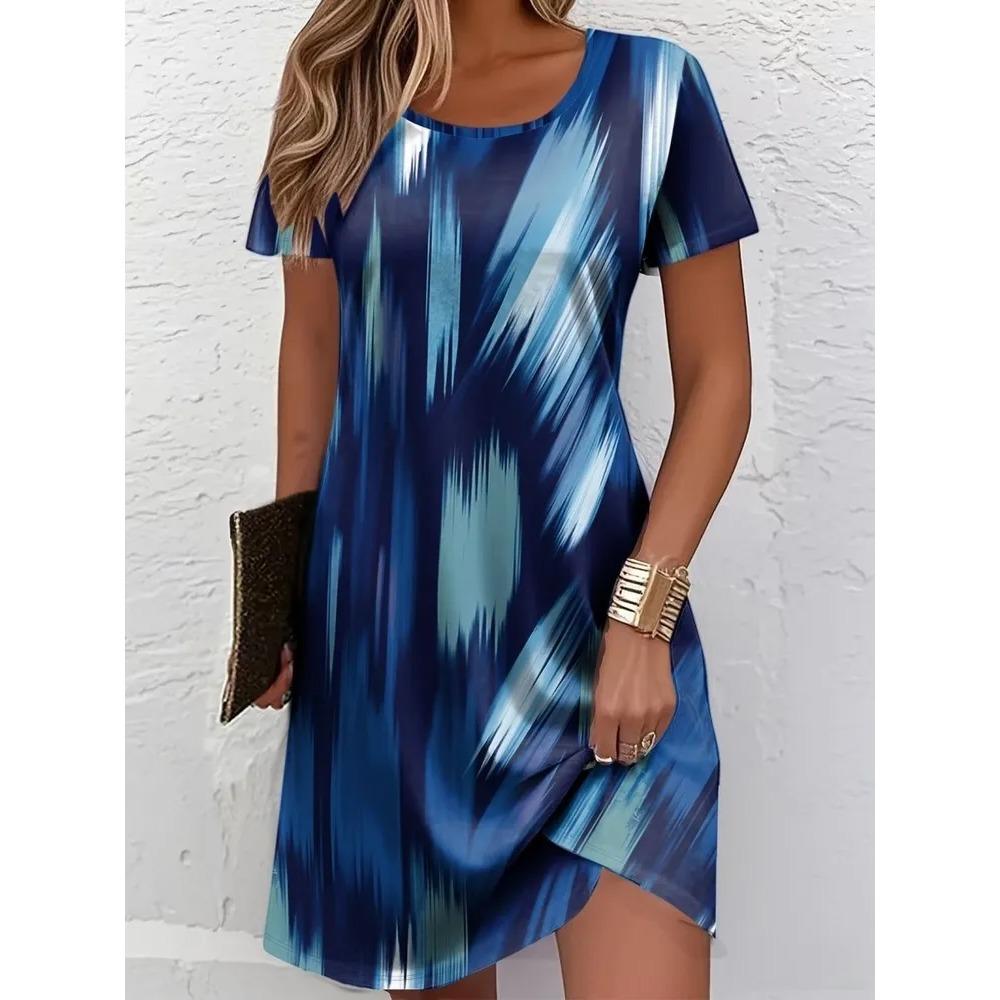 Creative Retro Geometric Stripes Patterns Women Mini Dresses Summer Short Sleeve Printed Plus Size Casual Comfortable Soft Dress