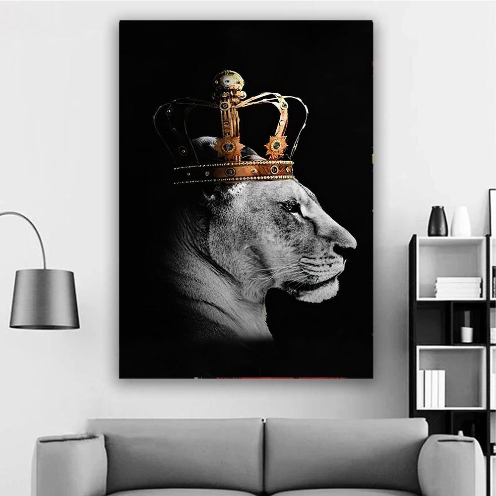 2pcs Lion Couple Wall Decals, Black Lion & Lioness With Crowns Canvas Painting Posters Wall Art Decor, For Home Bedroom Living R