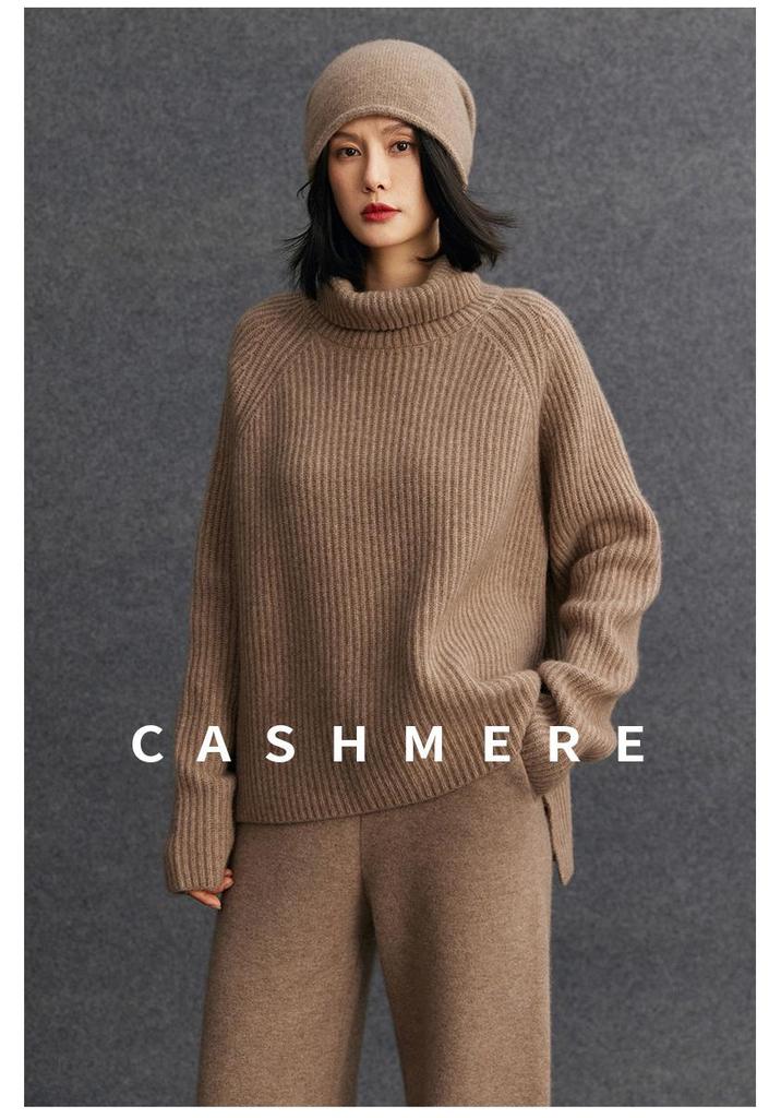 Women's High Neck Ribbed Knit Cashmere Sweater - Autumn/Winter Raglan Sleeve, Thickened Base Layer, Lazy Style