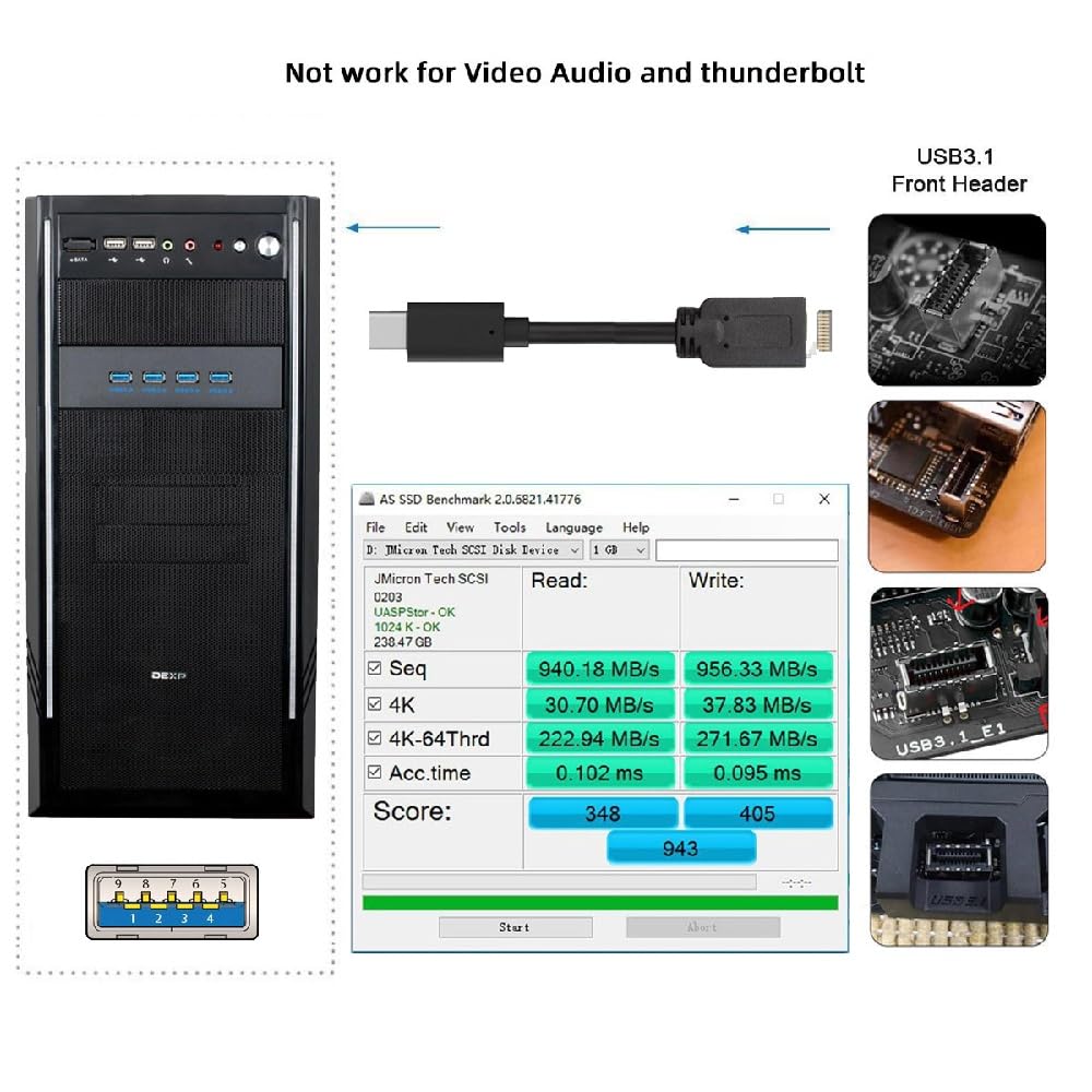 Xiwai 10Gbps 4-Port Hub Front Panel USB 3.1 Type-A & Type-C To Motherboard Type-E Connector Cable for 10Gbps 5.25" CD-ROM Bay Tray