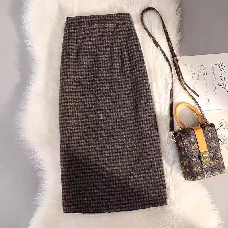 

Утепленная шерстяная клетчатая юбка-миди А-силуэта с завышенной талией для женщин - Осенне-зимняя облегающая юбка ниже колена M (Recommended 95-105 lbs)