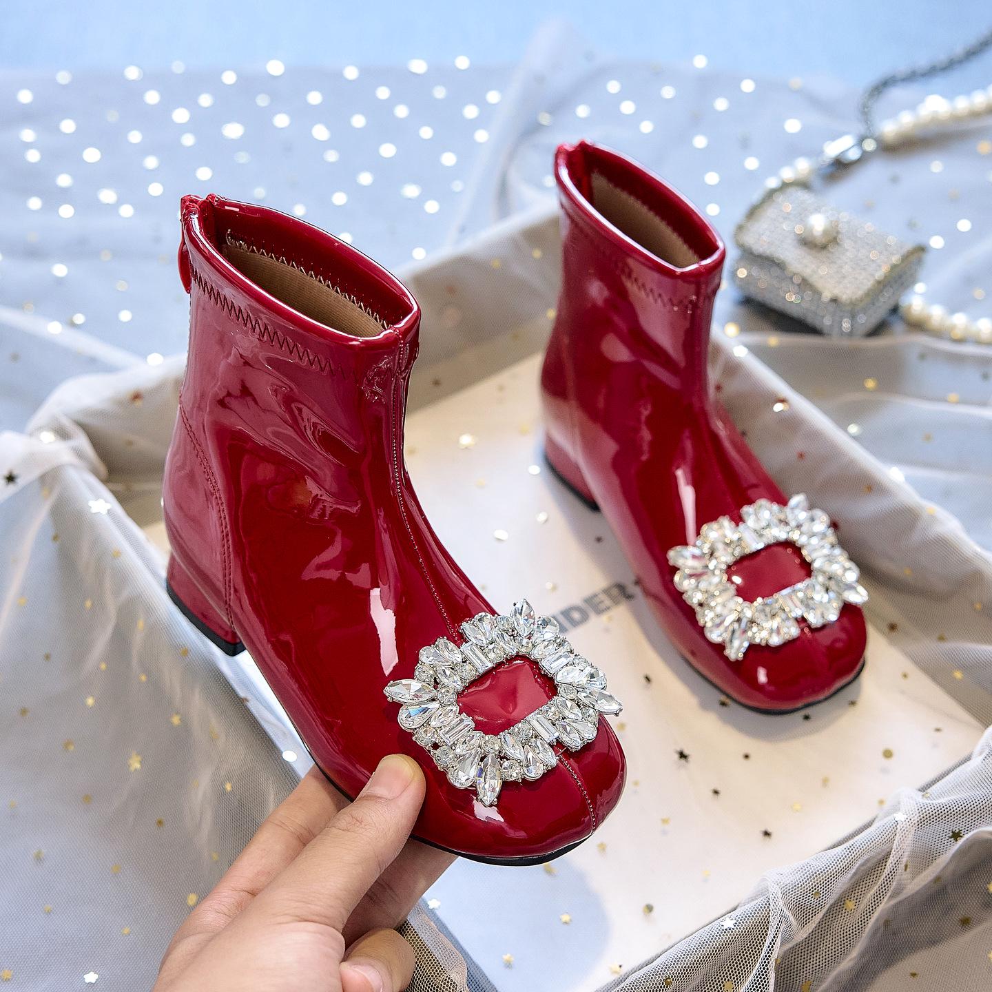 

Girls Red Leather 2025 Martin Boots with Fleece - Autumn/Winter Short Princess Boots for Little Girls 34 (21.2 cm)