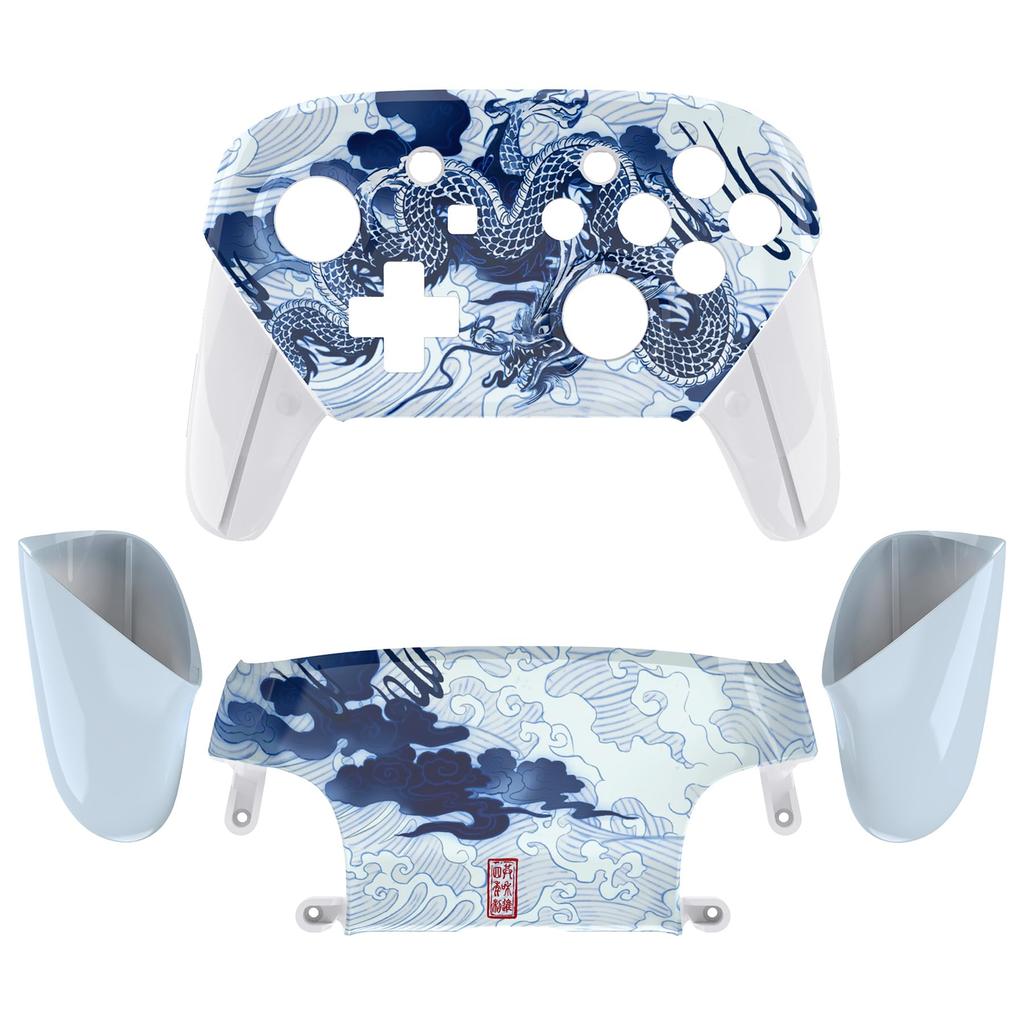 eXtremeRate Handle for Switch Pro DIY Replacement Grip Housing Case Cover with Porcelain Dragon Design for Switch Pro Controller Faceplate/Backplate