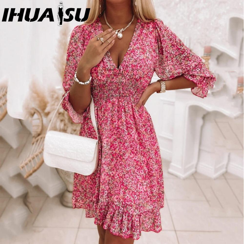 IHUASU Summer Floral Print Mini Dresses Women Vintage Sexy A-Line V-Neck Half Sleeve Party Dress Female Casual Elegant Beach Dress