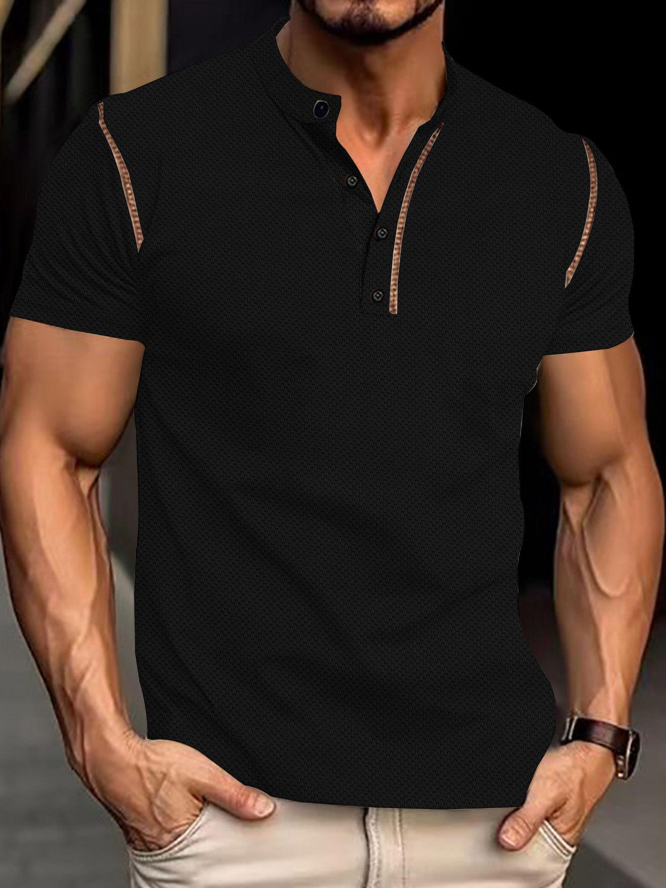 

Мужские облегающие рубашки Henley с коротким рукавом, спортивные футболки, летние футболки на пуговицах L чёрный