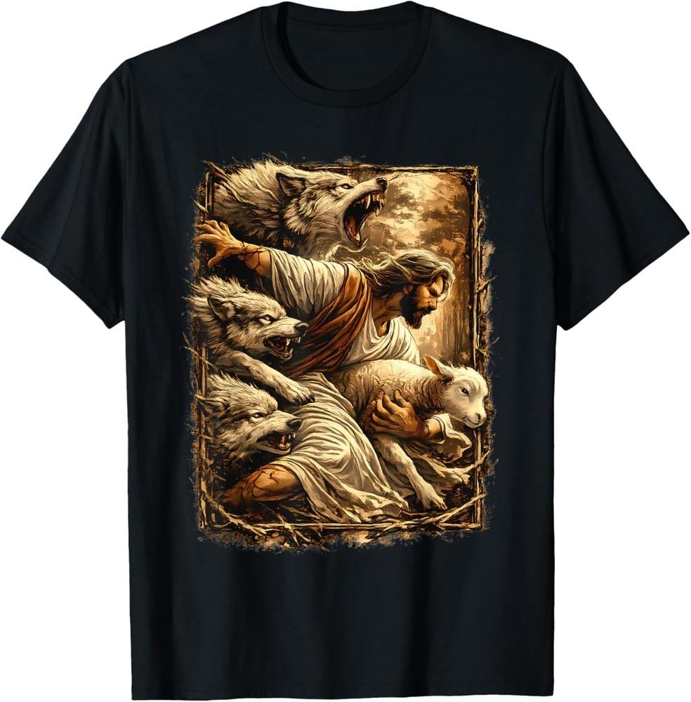 Jesus Protecting Lamb Sheep from Wolves Short Sleeve T‑Shirt XXXL