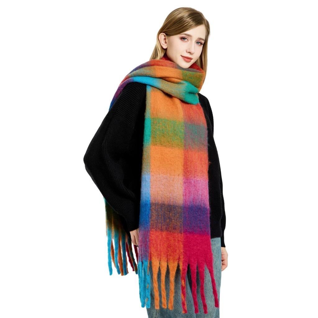 Women's High-Grade Colorful Plaid Mohair Scarf - Thick, Warm, and Versatile for Winter