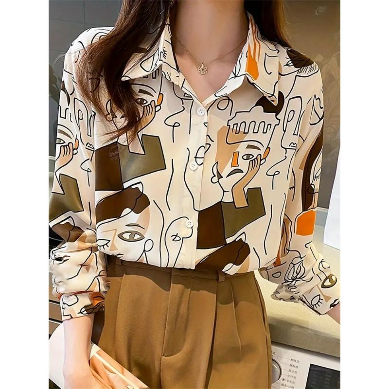 Elegant Black Striped Printed Long-sleeved Shirt For Women Fashion Lapel Button-down Shirt Temperament Office Cardigan