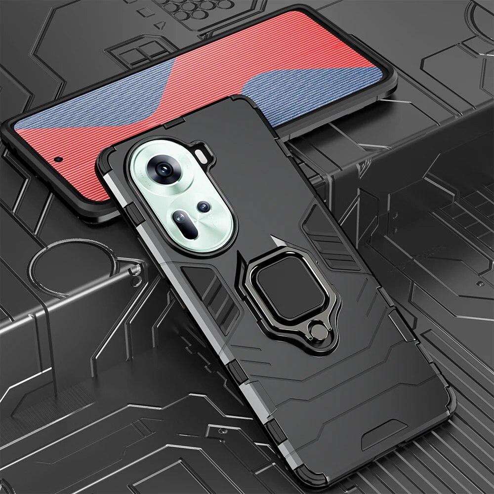 KEYSION Stoßfeste Armor-Hülle für OPPO Reno11 11 Pro 5G Weiches Silikon+PC Metallringständer Handy-Rückseite für OPPO Reno 11 5G