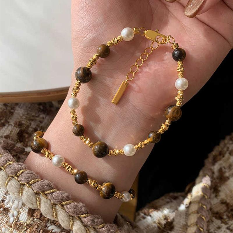 New Trendy Natural Tiger Eye Stone Bracelet Pearl Collar Chain Necklace for Women Punk Vintage Handmade Beads Jewelry Set Gifts