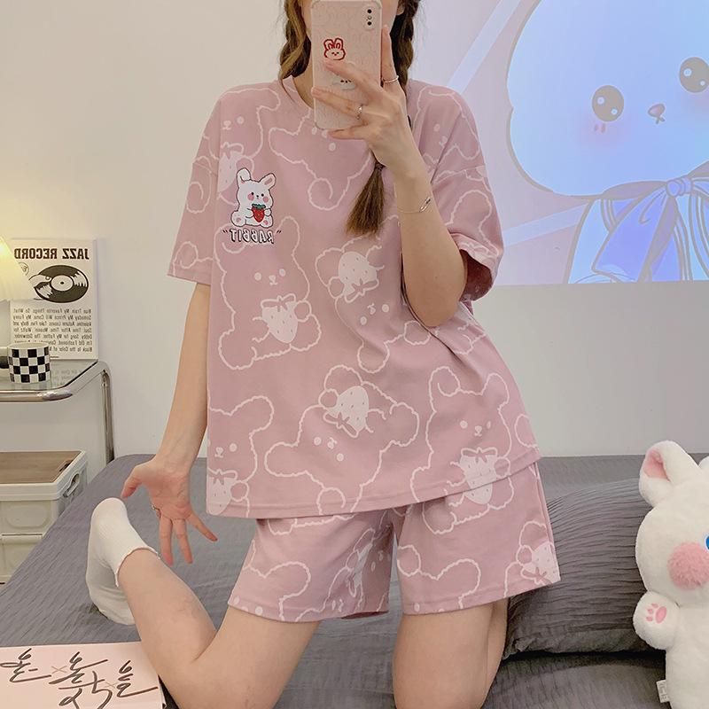 

Пижама женская летняя комплект из двух предметов 2024 тонкая с коротким рукавом шорты мультяшный комплект для дома 2XL