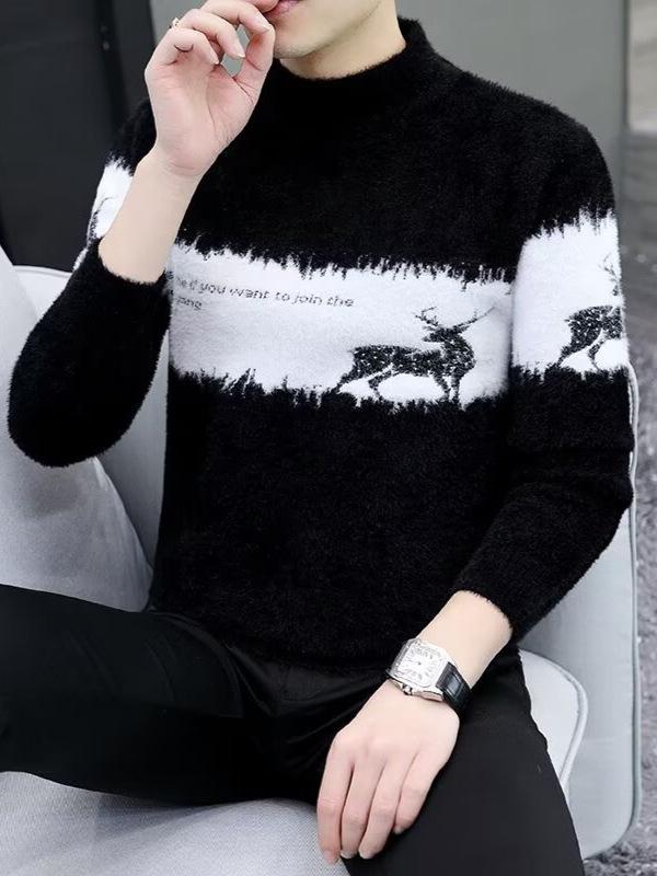 Pull Homme Velours Viscose Color Block: Tricot Tendance, Chaud, Polyvalent, à Col Semi-Haut pour l'Automne et l'Hiver