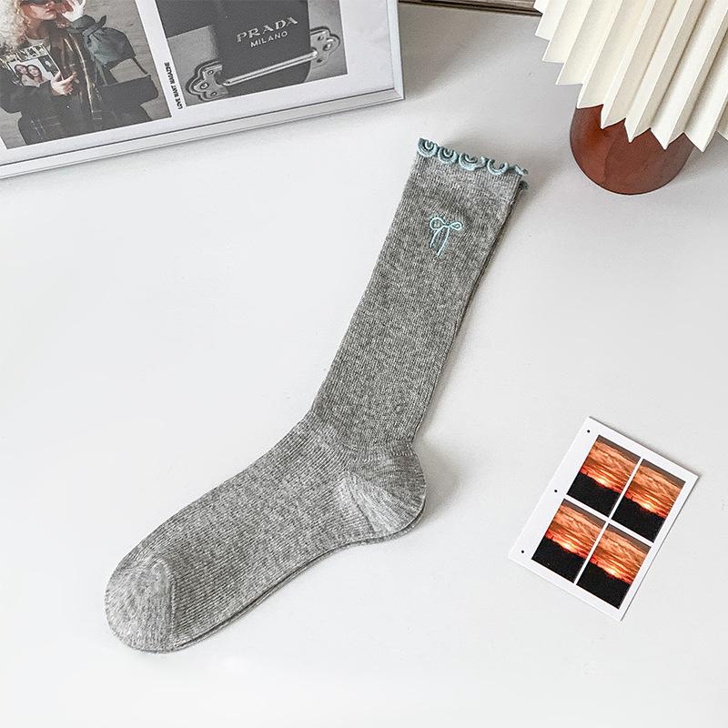 5 Pairs of Female Spring and Summer Bow Embroidery Lace Everything Breathable Tube Pile Socks