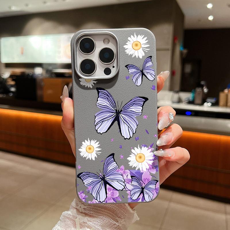 Butterflies Flowers Phone Case For iPhone 16 15 Pro Max 16e 15 14 Plus 13 12 Pro Max 11 Shockproof Leather Texture Soft Colourful Cover