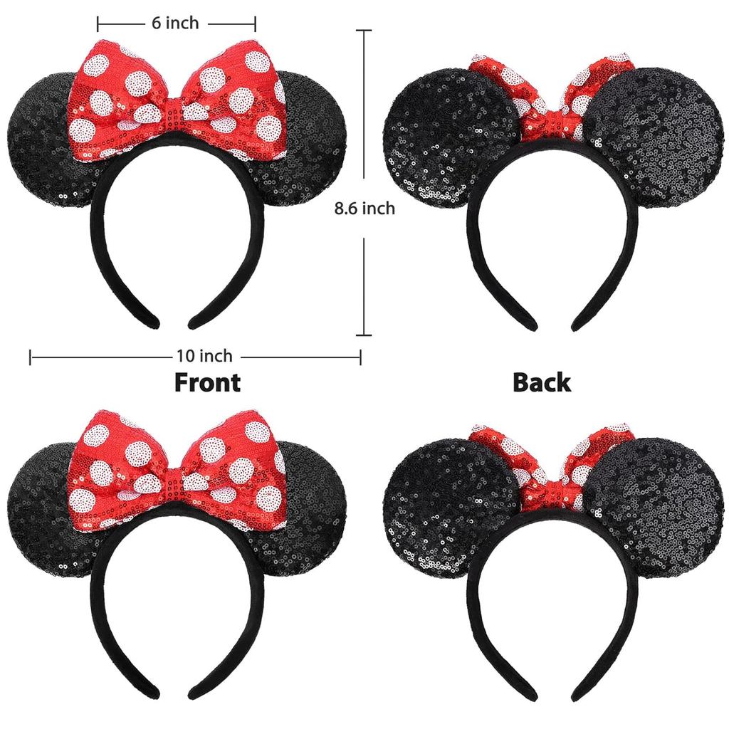 Shiny Sequin Mouse Ear Headbands, 2 PCS Classic Bow Headbands for Adult Women and Girls (Red Sequin & Red Dot)