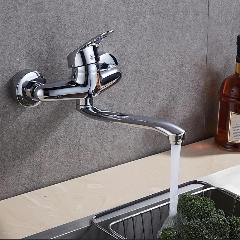 1pc Silvery Copper Material Simple and Convenient Two-Hole Wall-Mounted Hot and Cold Flush-Mounted Swivel Spout Kitchen Hot and Cold Faucet