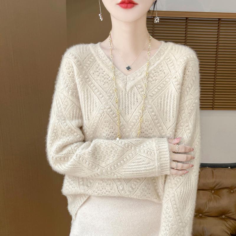 2024 Autumn/Winter Pure Wool V-Neck Loose Fit Women's Sweater with Hollow Diamond Cable Knit Design