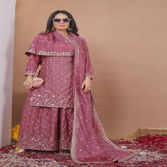 Elegant Mauve-Pink Chanderi Silk Sharara Set with All-Over Zari Grid Embroidery and Dupatta (3-Piece Festive Outfit) S