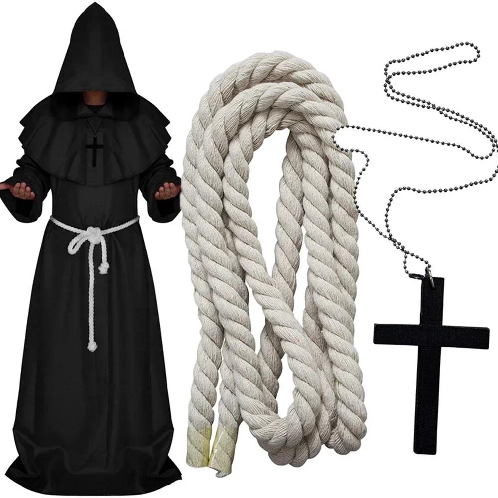 Mittelalterliche Mönchshaube Umhang Zauberer Priester Kostüme Halloween Robe Zauberer Ritter Umhang Erwachsener Teenager Outfit Party Requisiten Set