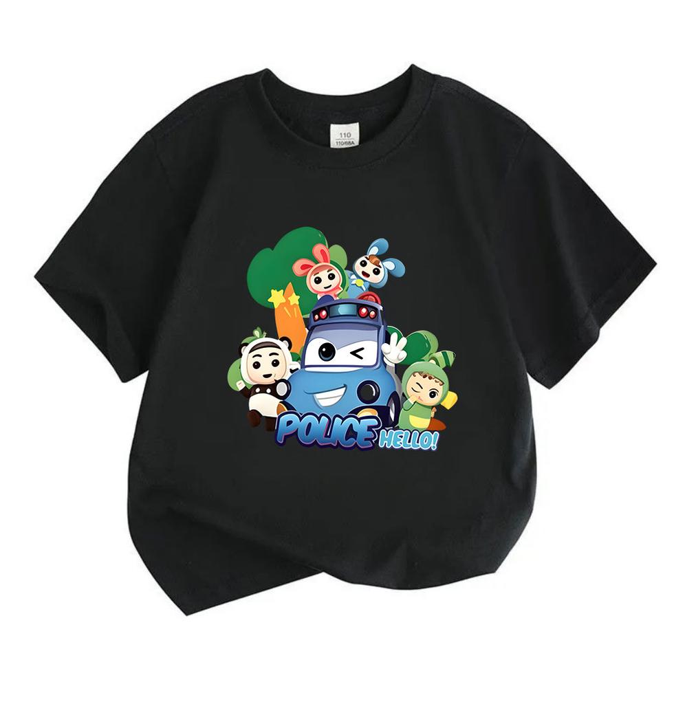 Kids Boys Girls Crew Neck Short Sleeve T Shirt, 100% Cotton Casual Tee with Cute Cartoon Police Car Lovely Characters Print for Children Daily Wear