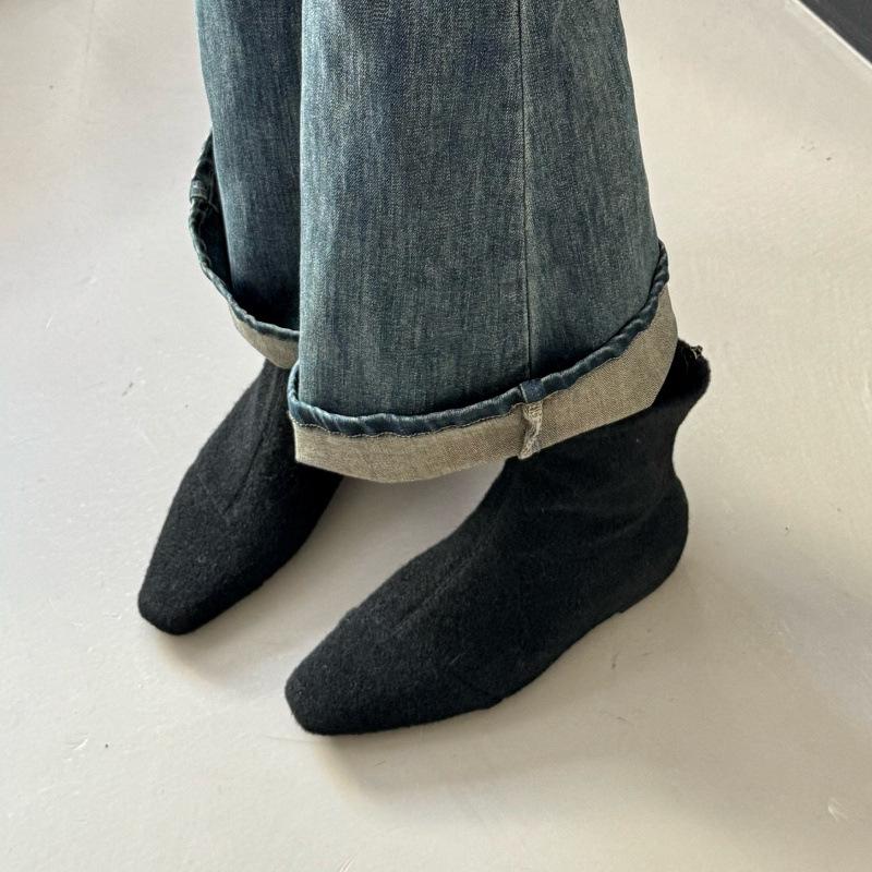 Korean simple woolen inner height-increasing short boots for women's 2025 autumn and winter new versatile and thin zipper thin boots