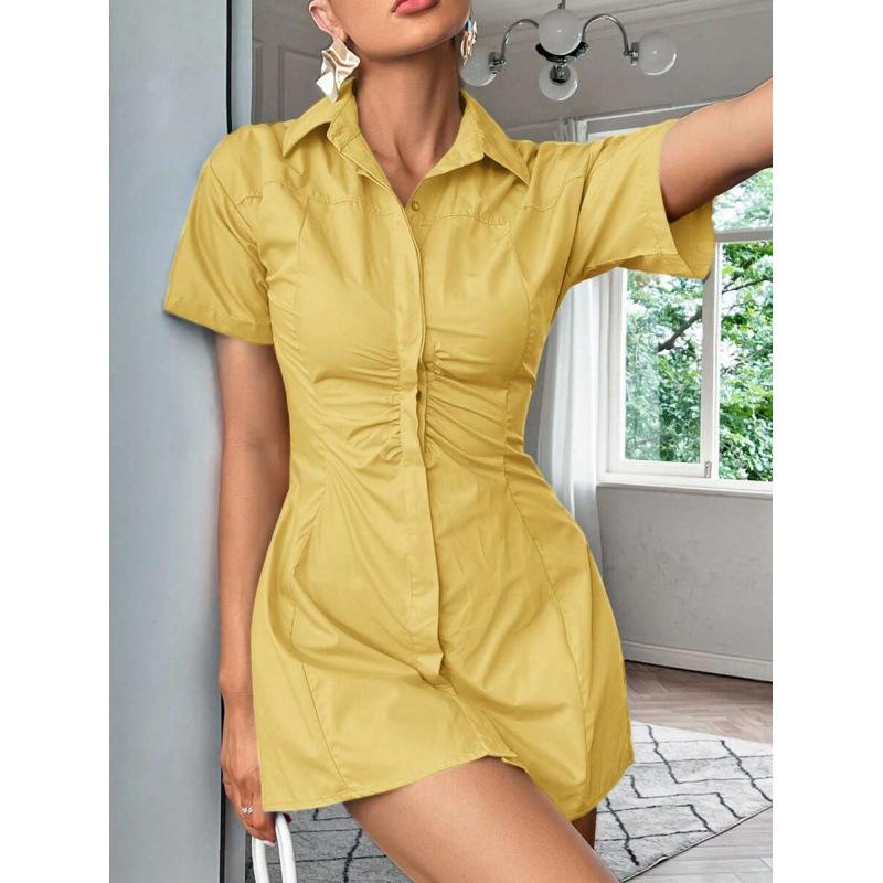 Europe, America 2026 summer new solid color elegant pleated slim slim short sleeve shirt dress